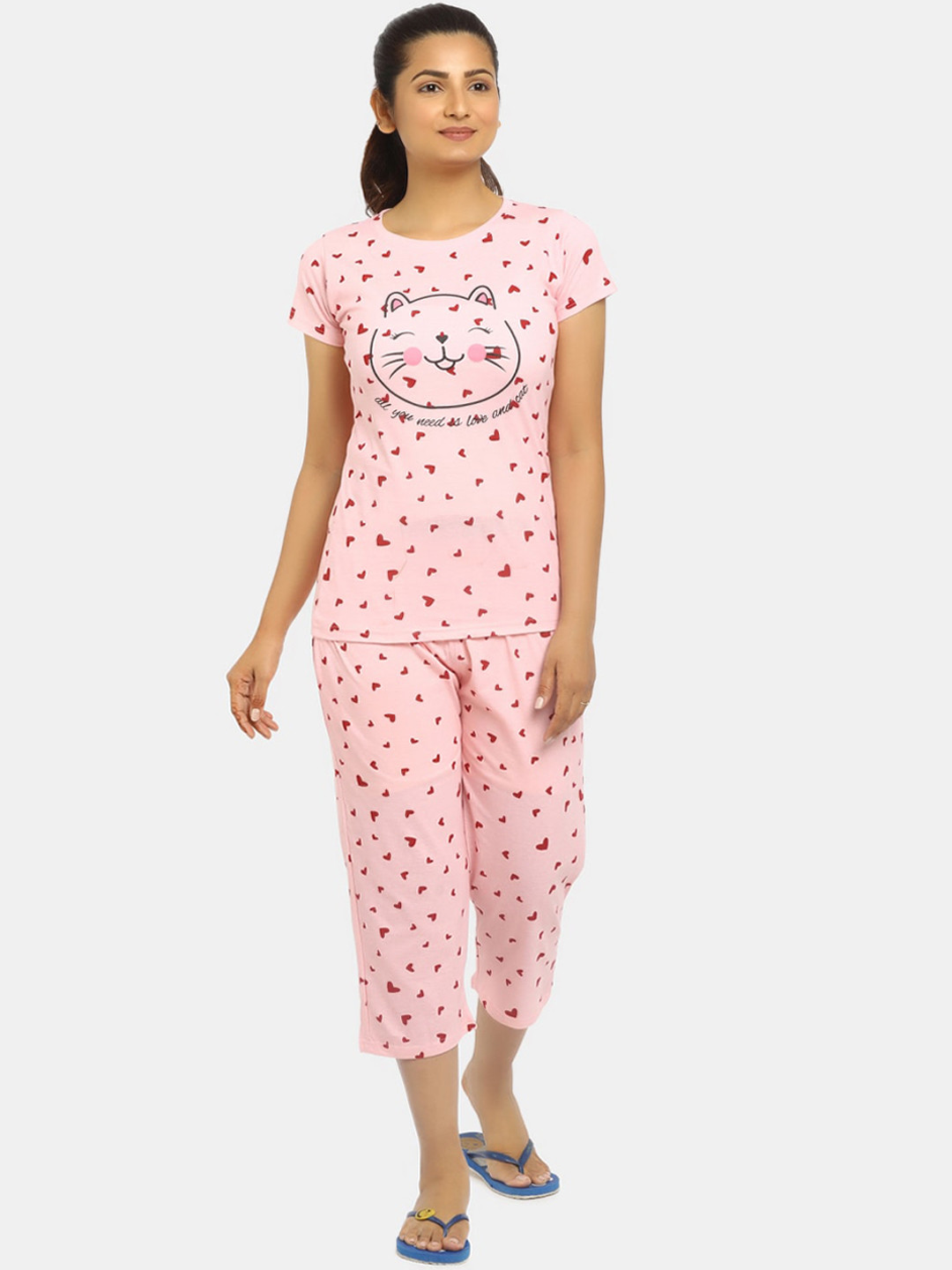 

V-Mart Women Pink & Red Printed Night suit