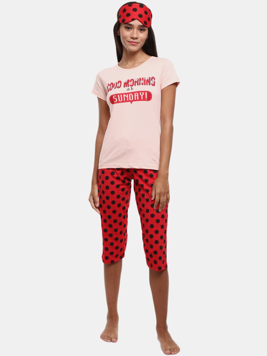 

V-Mart Women Peach-Coloured & Black Printed Night suit