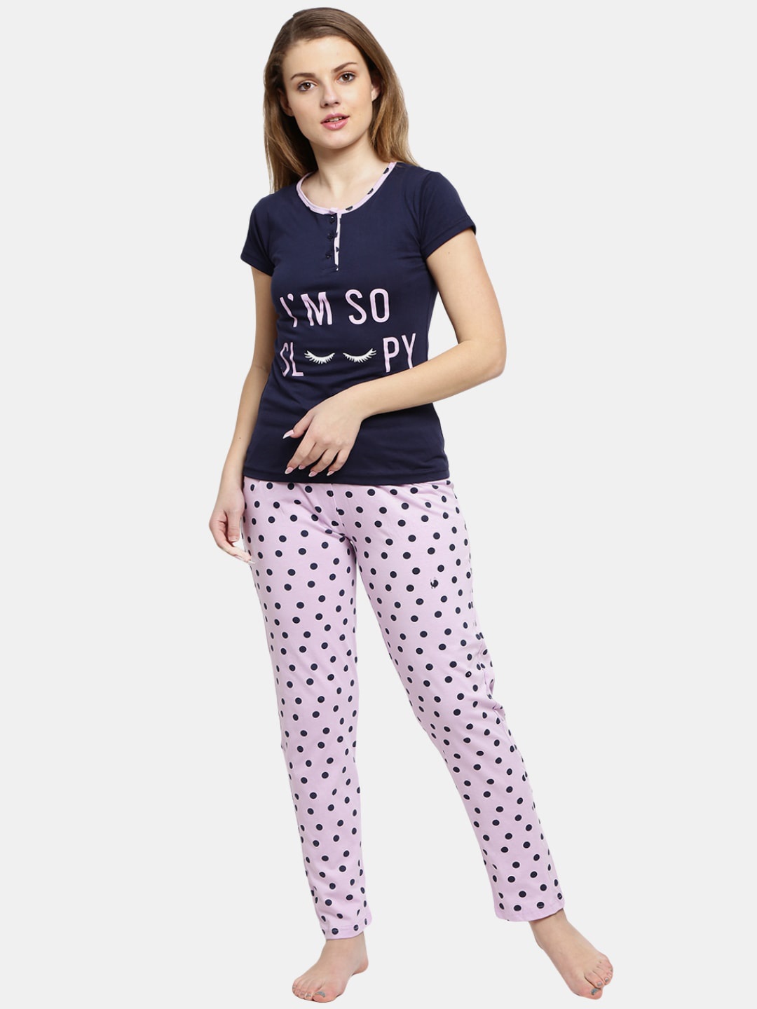 

V-Mart Women Navy Blue & Lavender Printed Night suit