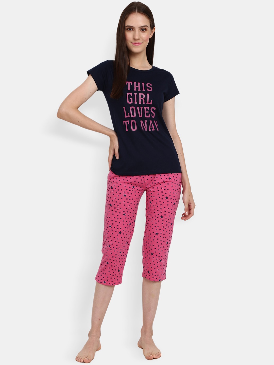 

V-Mart Women Navy Blue & Pink Printed Night suit