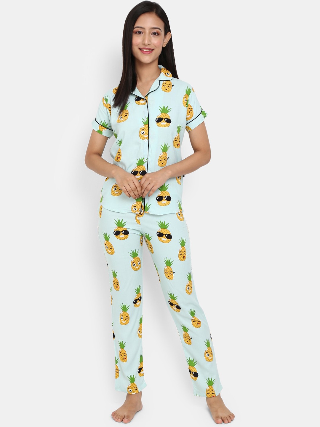 

V-Mart Women Green & Blue Printed Night suit