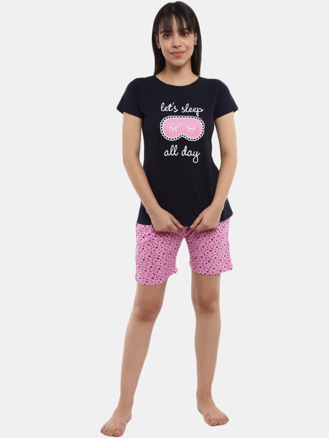 

V-Mart Women Navy Blue & Pink Printed Night suit