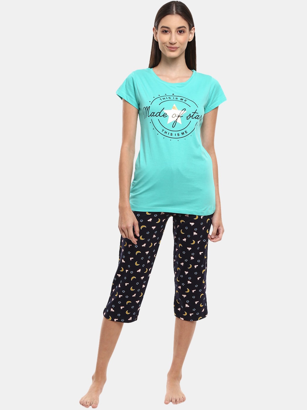 

V-Mart Women Green & Navy Blue Printed Night suit