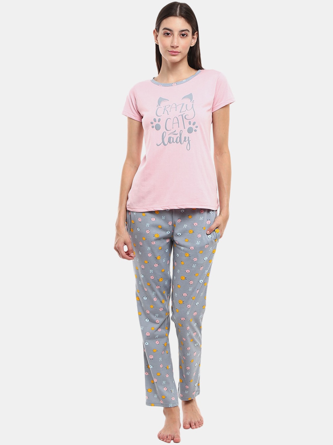 

V-Mart Women Pink & Grey Printed Night suit
