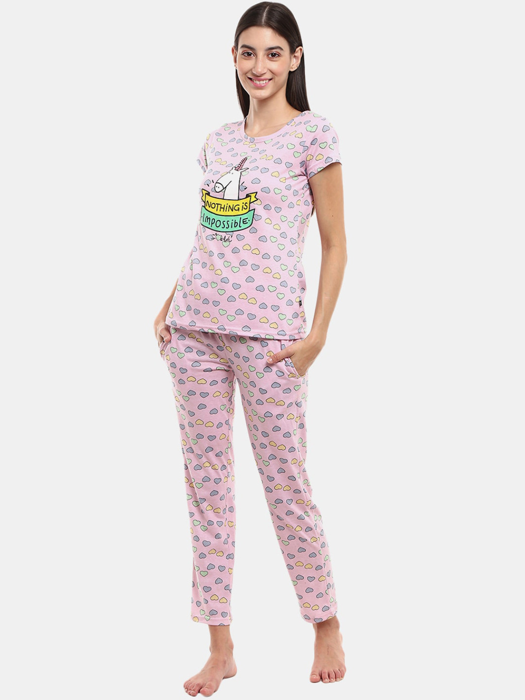 

V-Mart Women Pink & Yellow Printed Night suit