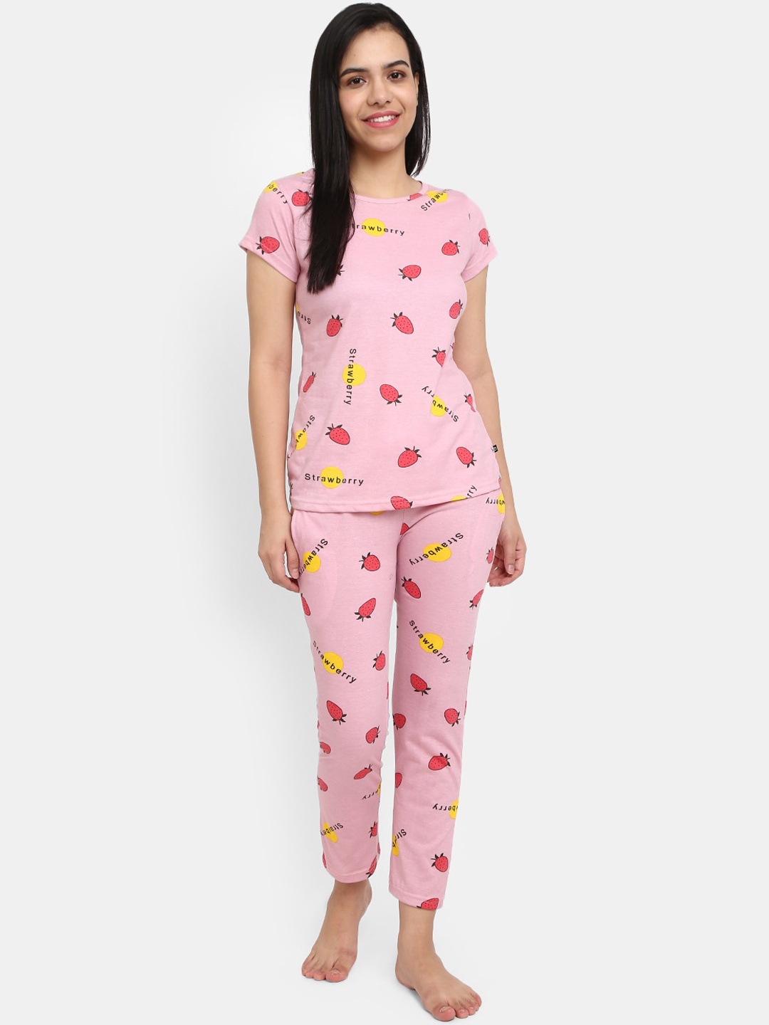 

V-Mart Women Pink & Yellow Printed Night suit