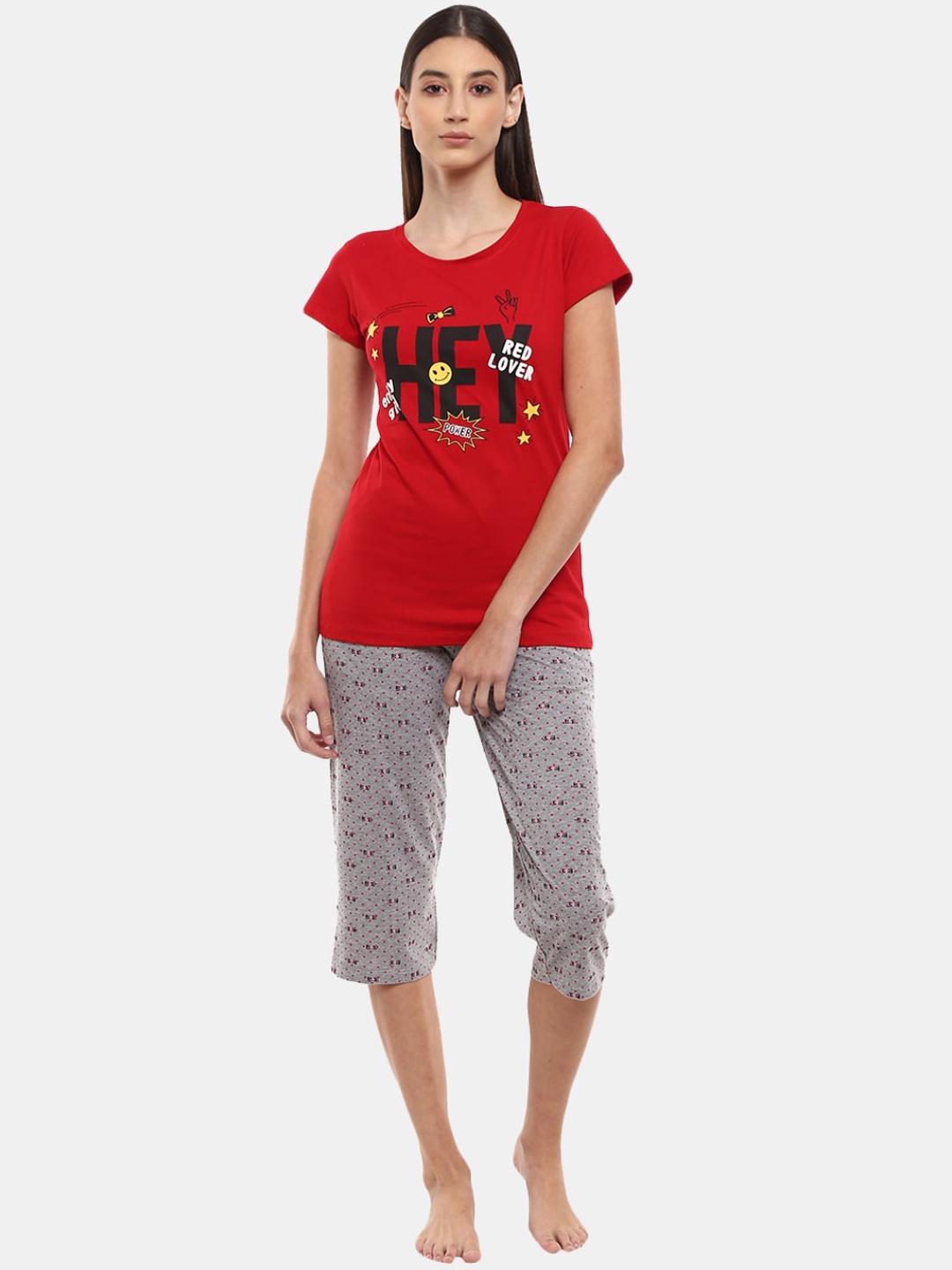

V-Mart Women Red & Grey Printed Night suit