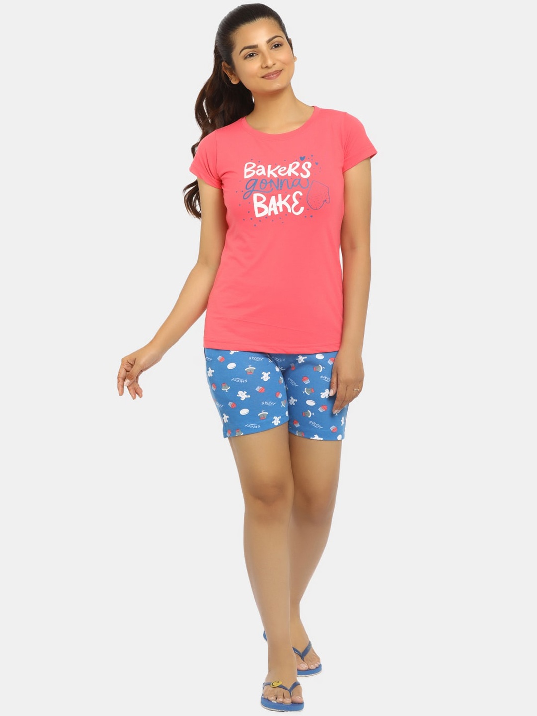 

V-Mart Women Pink & Blue Printed Night suit