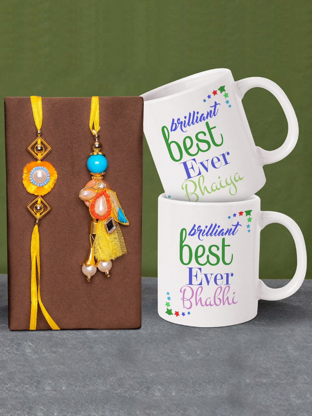 

TIED RIBBONS Yellow & Blue Stone-Studded Bhaiya Bhabhi Rakhi Gift Set