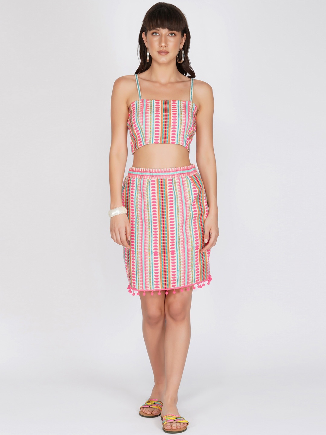 

KOVET Women White & Pink Striped Straight Skirt