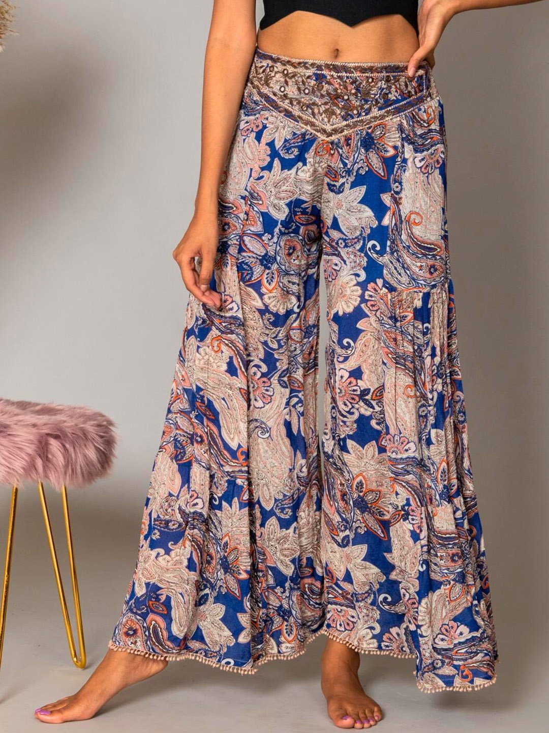 

WESTIFIED Women Blue & Pink Ethnic Motifs Printed Flared Knitted Palazzos