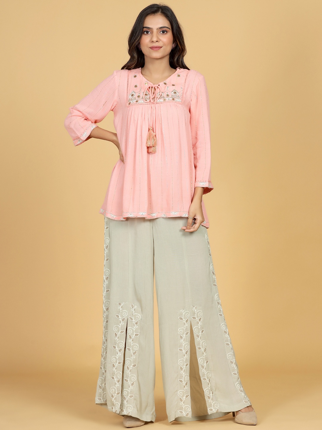 

WESTIFIED Women Olive Green & White Floral Printed Flared Knitted Palazzos