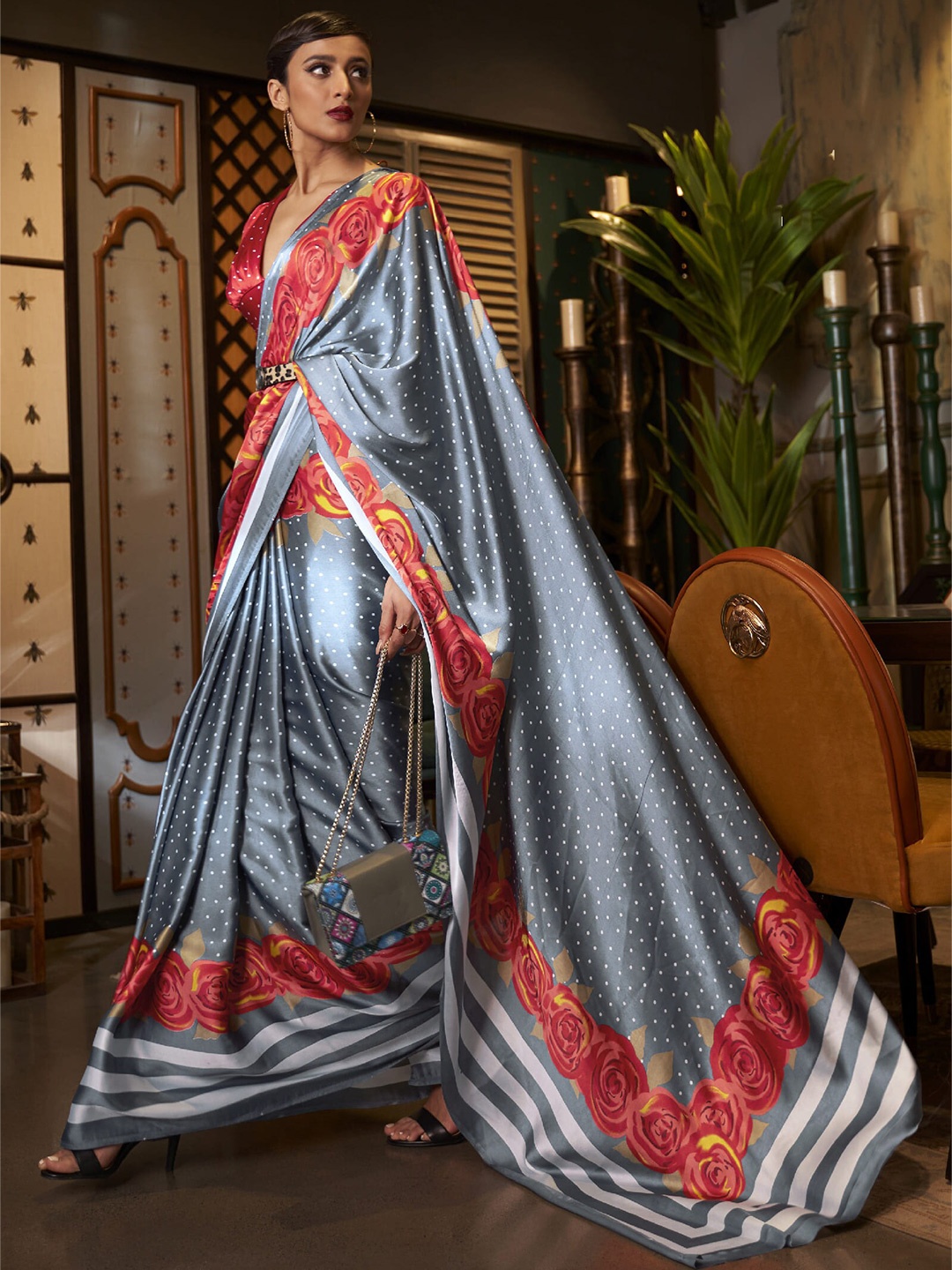 

elora Grey & Red Satin Crepe Digital Printed Designer Floral Saree