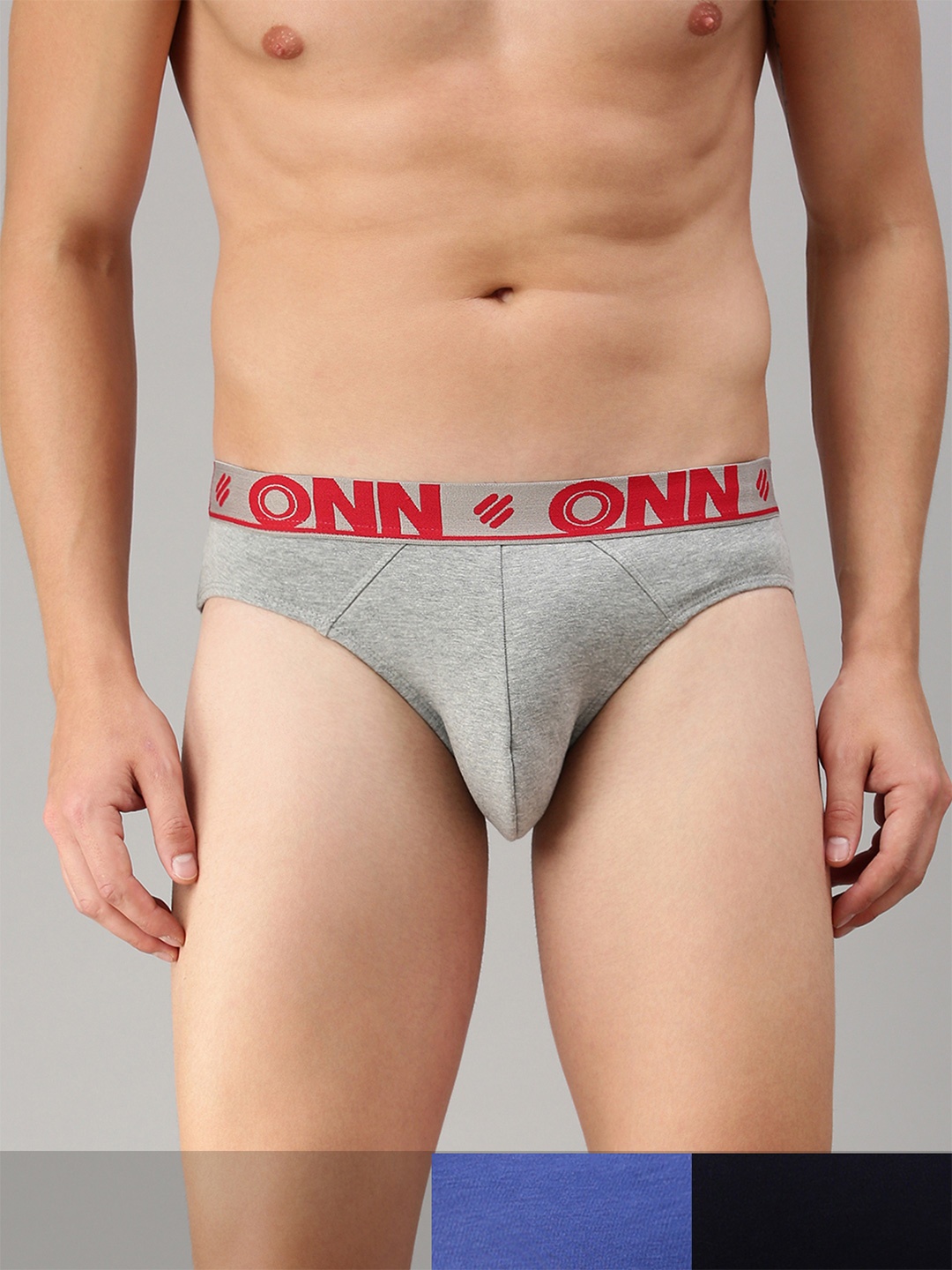

ONN Men Pack Of 3 Navy Blue & Grey Solid Cotton Basic Briefs