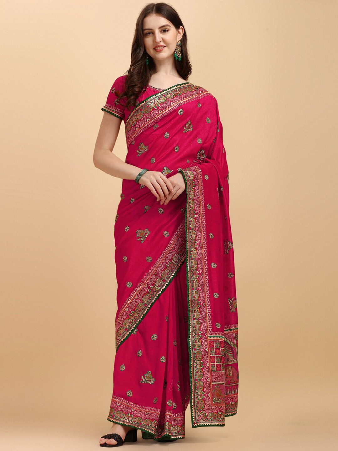 

Amrutam Fab Pink & Green Ethnic Motifs Zari Silk Blend Saree