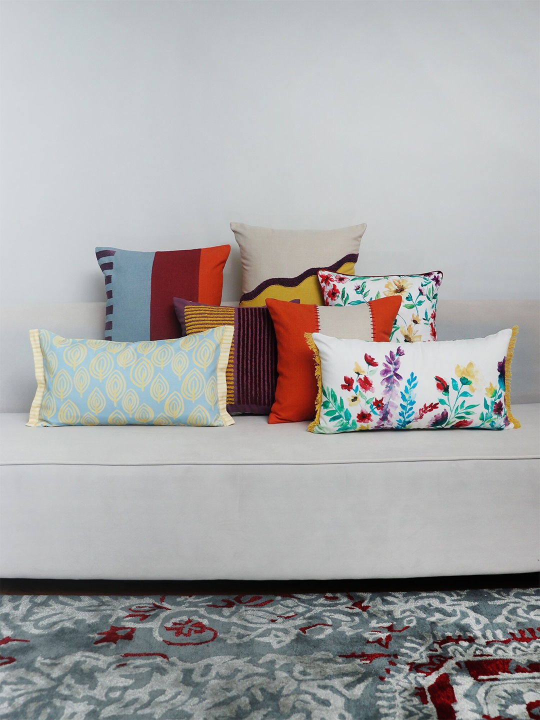 

ZEBA White & Blue Set of 7 Floral Square Cushion Covers