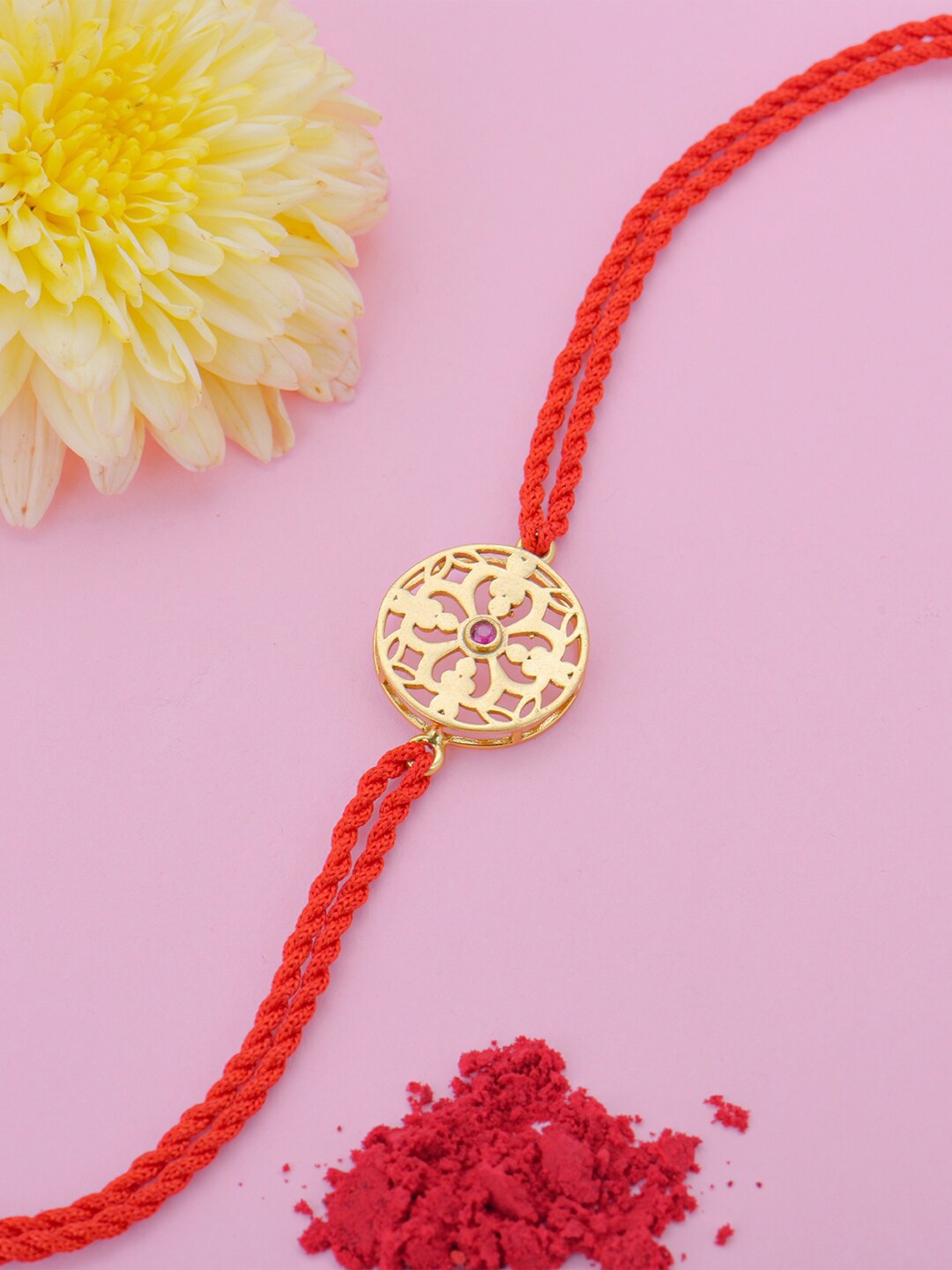 

GIVA 925 Sterling Silver Gold-Plated & Red Flower Rakhi with Roli Chawal