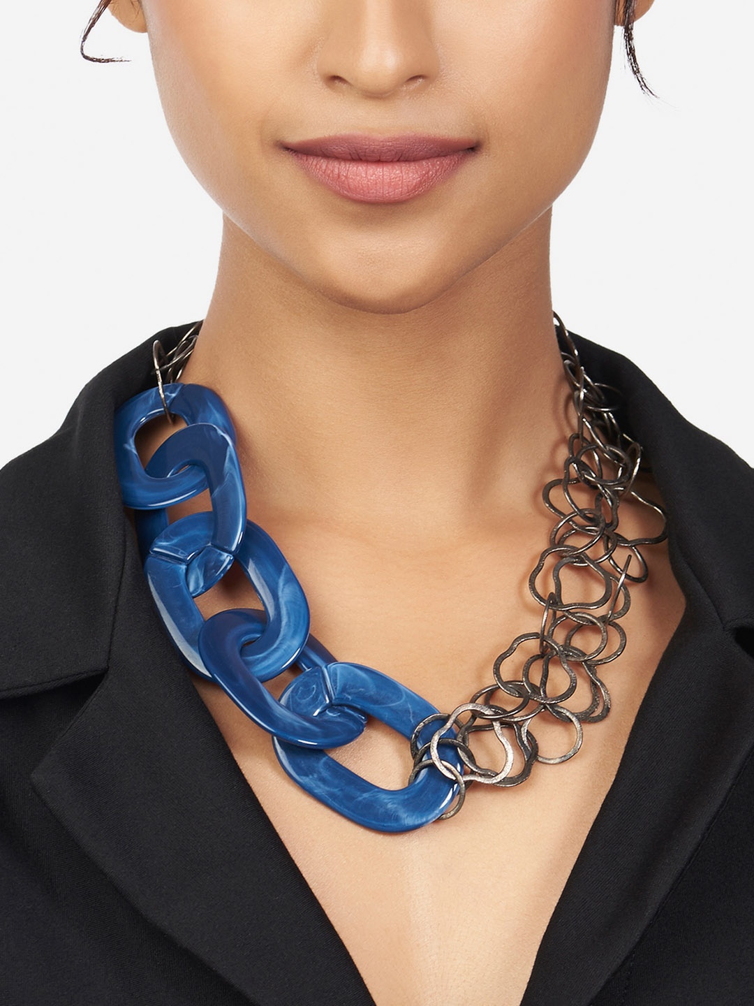 

Ahaanya Steel & Blue Brass Rhodium-Plated Bohemian Necklace