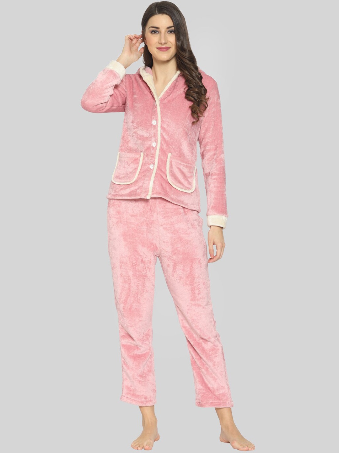 

PRETTY LOVING THING Women Pink Solid Velvet Hooded Night suit
