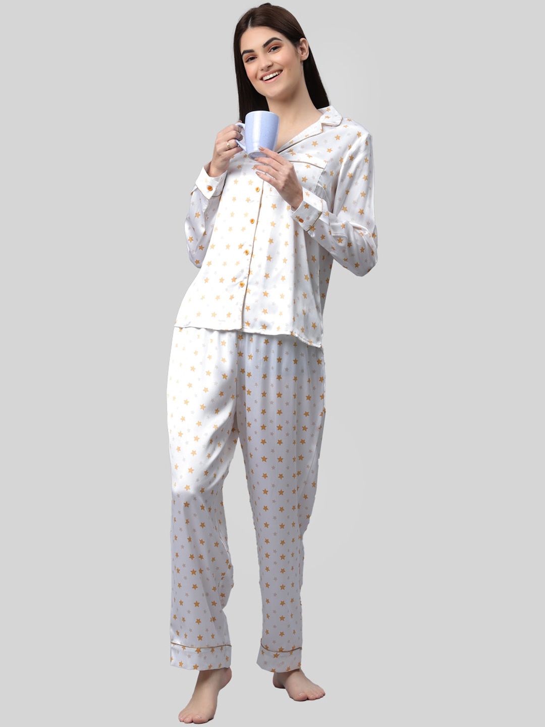 

PRETTY LOVING THING Women White & Yellow Stars Printed Night suit
