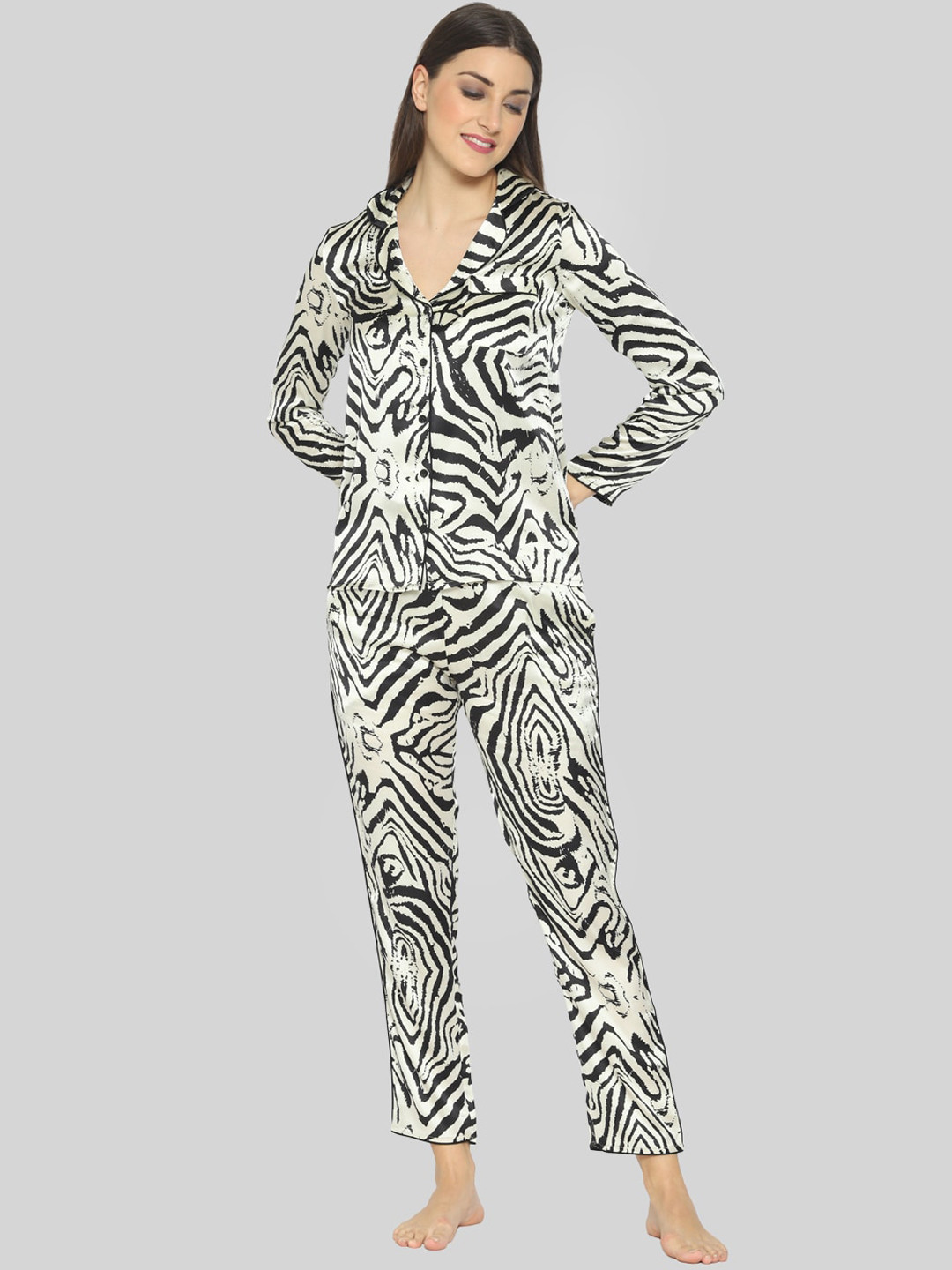

PRETTY LOVING THING Women Black & White Animal Printed Satin Night Suit