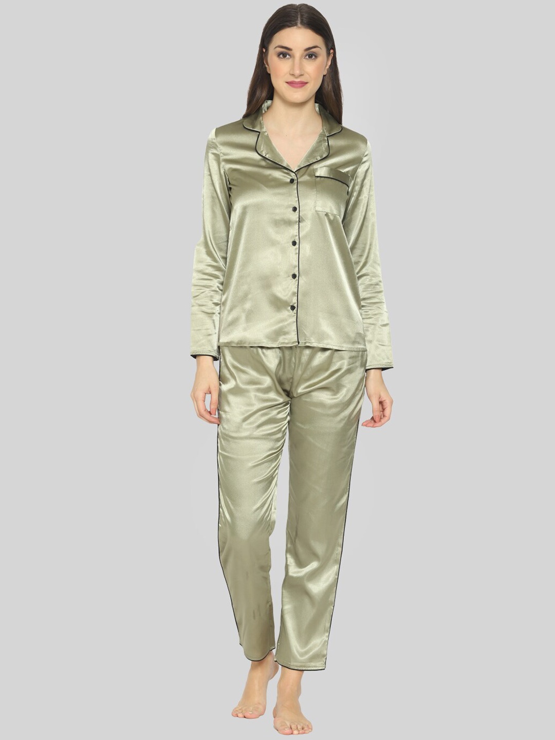 

PRETTY LOVING THING Women Olive Green Satin Night suit