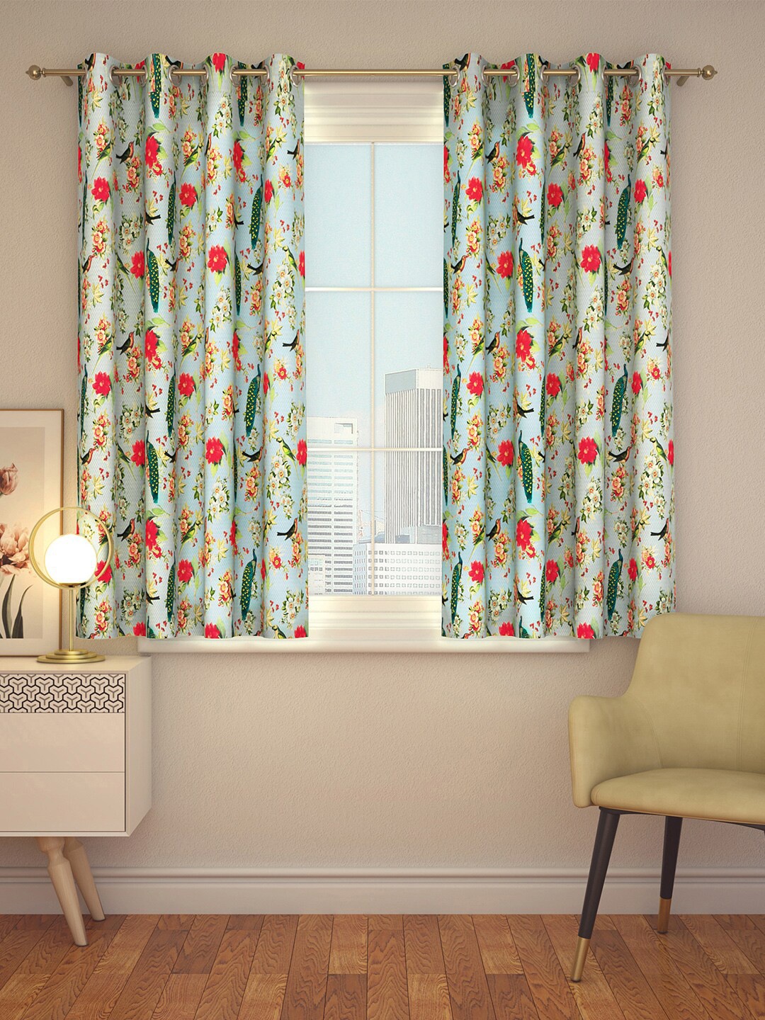 

India Circus by Krsnaa Mehta Sea Green & Red Ethnic Motifs Window Curtain