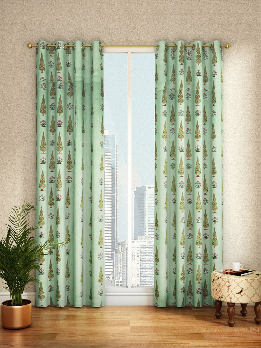 

India Circus by Krsnaa Mehta Sea Green & Pink Ethnic Motifs Door Curtain
