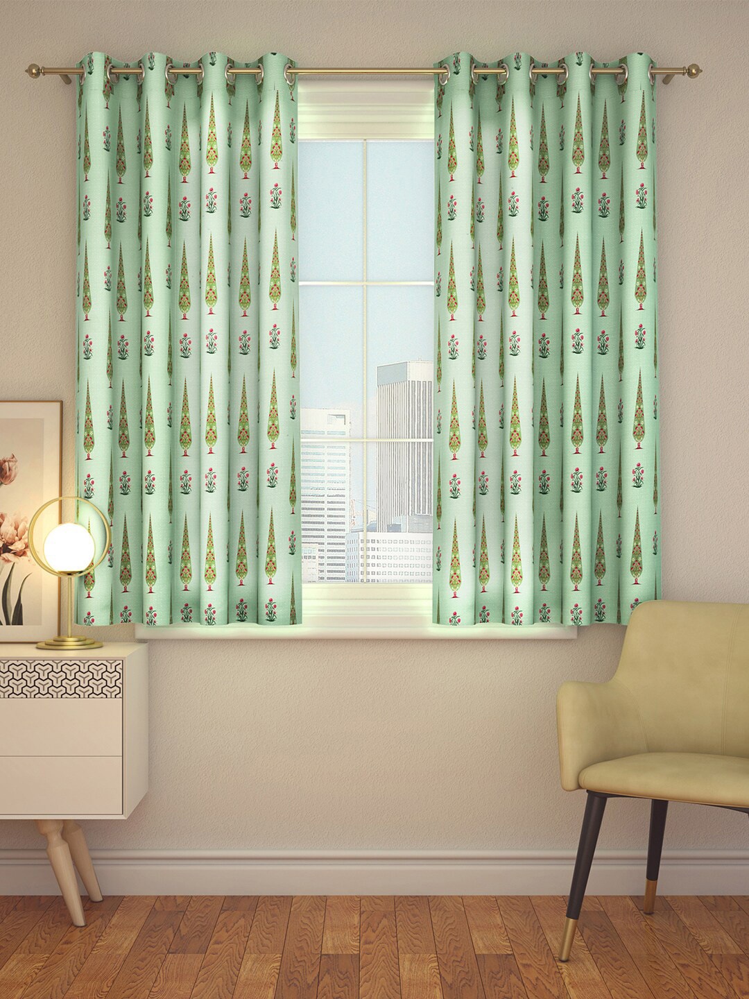 

India Circus by Krsnaa Mehta Sea Green & Pink Floral Window Curtain