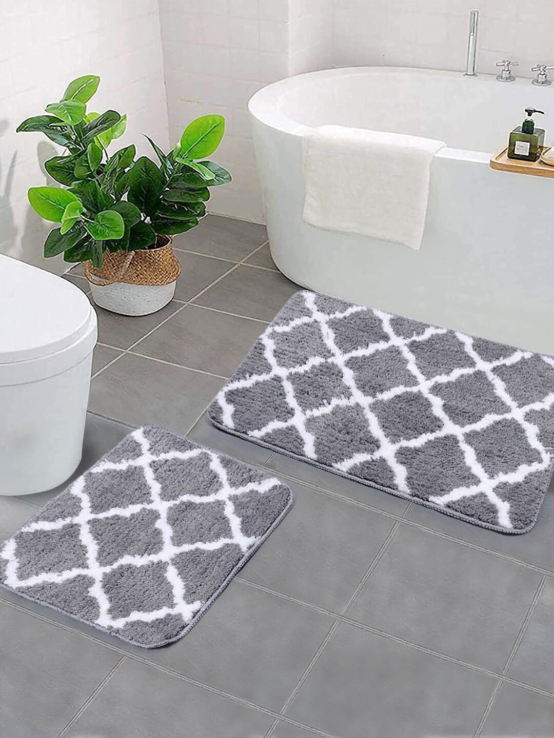 

Saral Home Set Of 2 Grey & White Printed 210 GSM Anti-Skid Bath Rugs