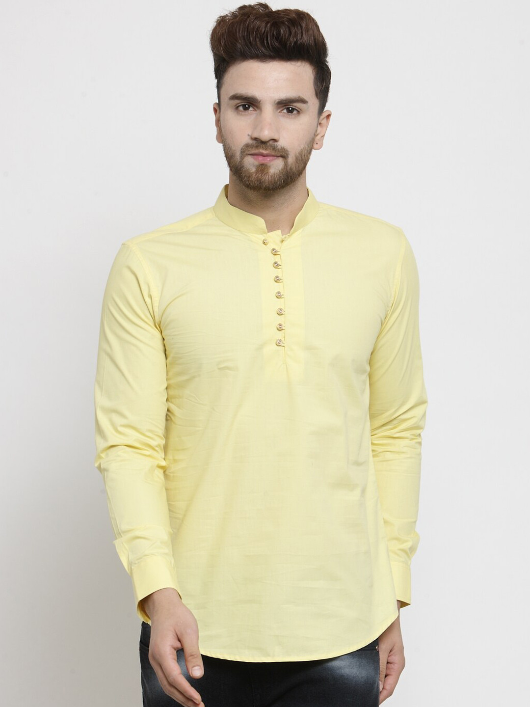 

Purple State Men Yellow Solid Straight Short Kurta