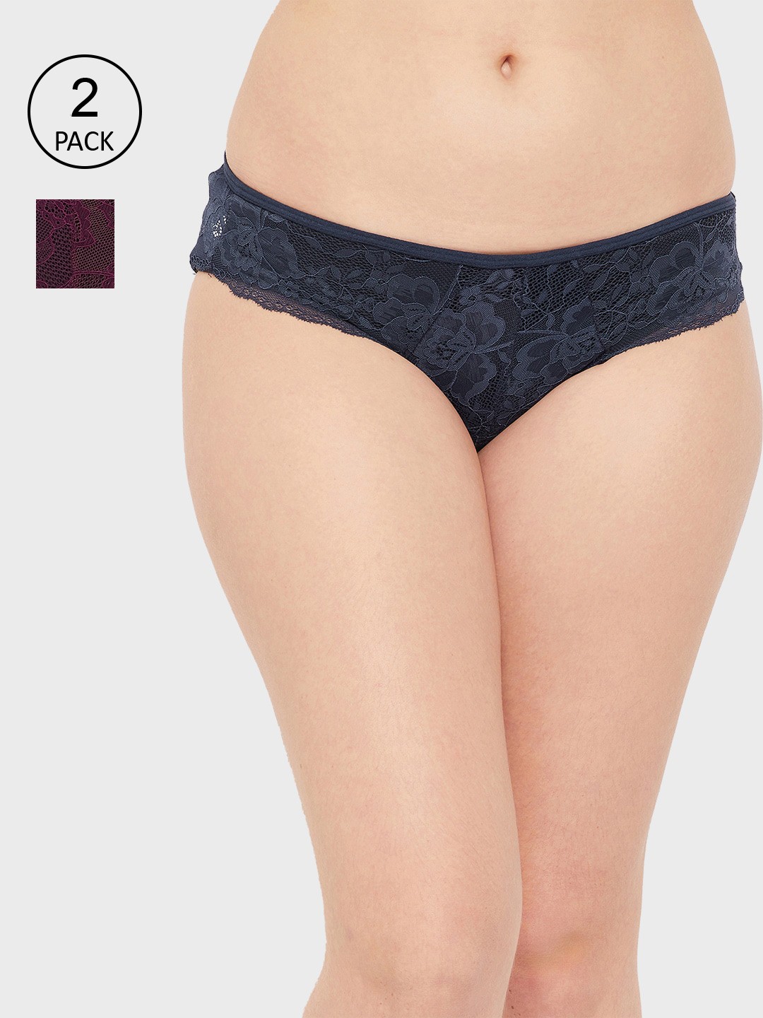 

Clovia Women Pack Of 2 Burgundy & Blue Solid Bikini Lace Briefs