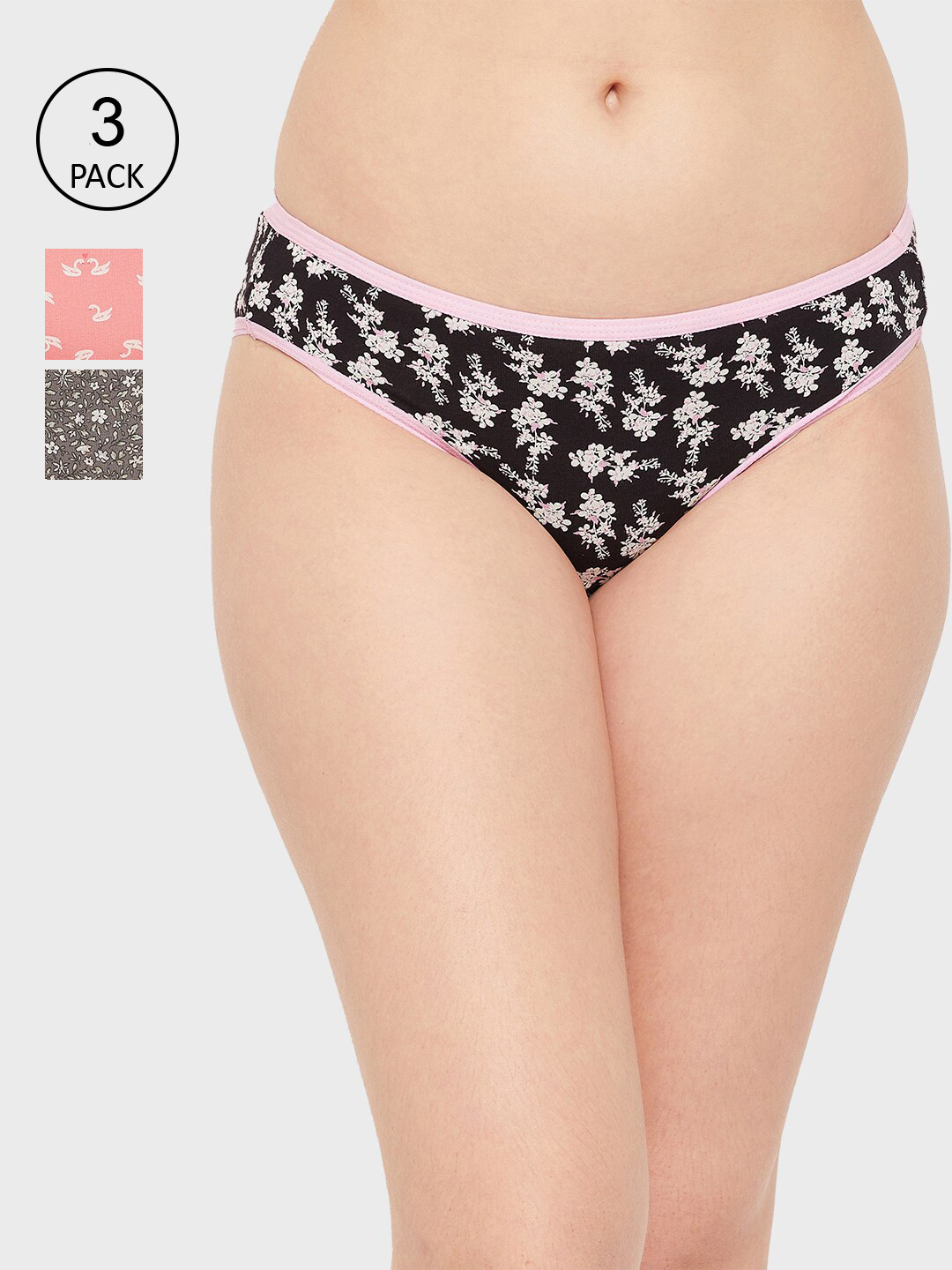 

Clovia Women Pack Of 3 Printed Bikini Briefs, Grey melange