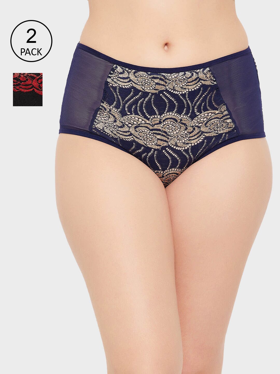 

Clovia Women Blue & Black Set Of 2 Self-Design Lace Hipster Briefs