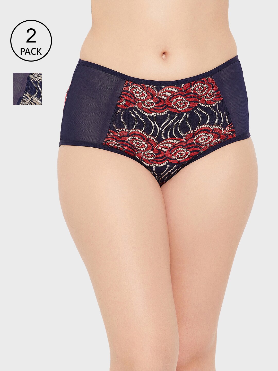 

Clovia Women Multicolor Set Of 2 Self Design Hipster Lace Briefs, Blue