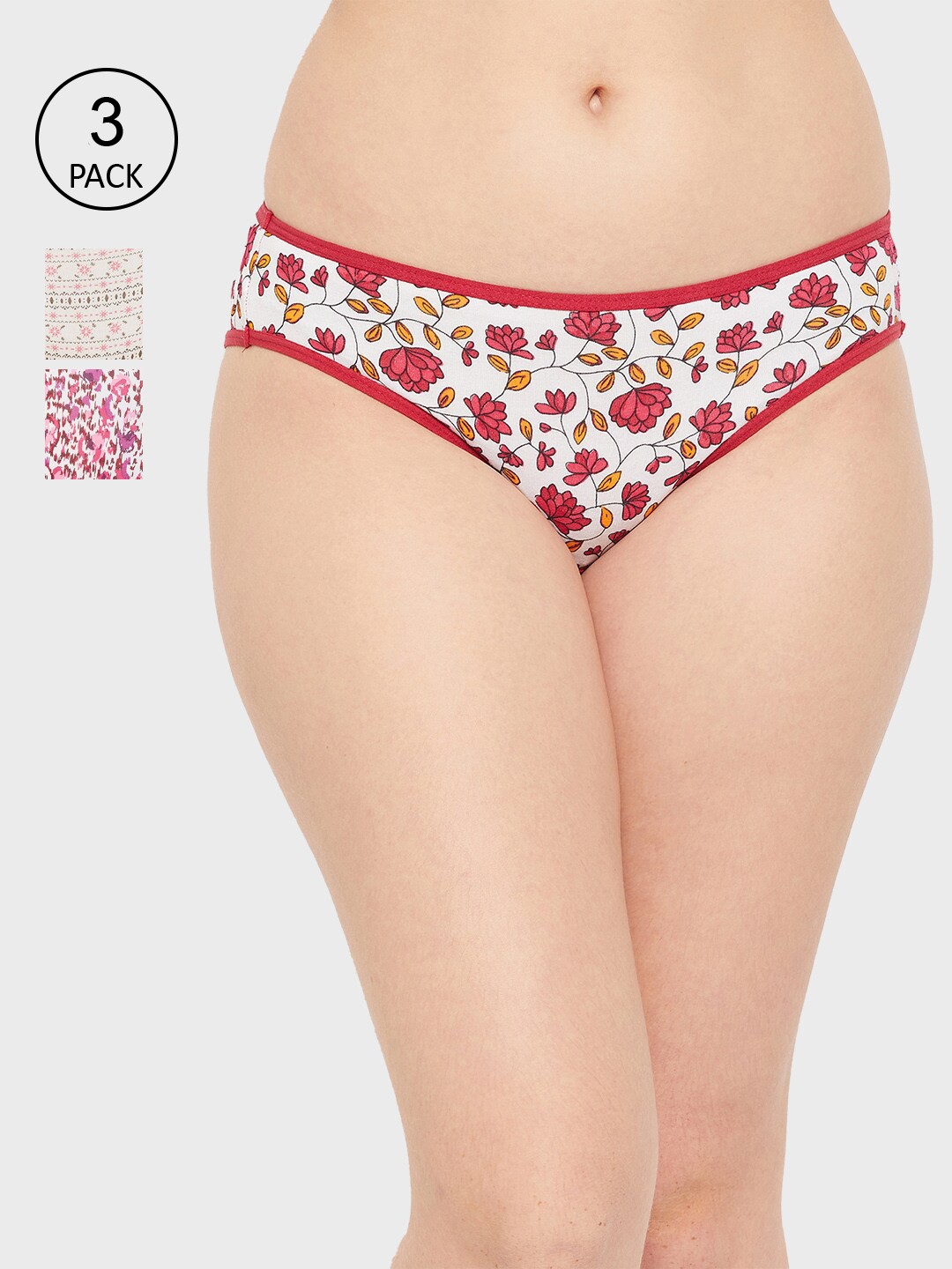 

Clovia Women Pack Of 3 White & Pink Printed Cotton Bikini Briefs
