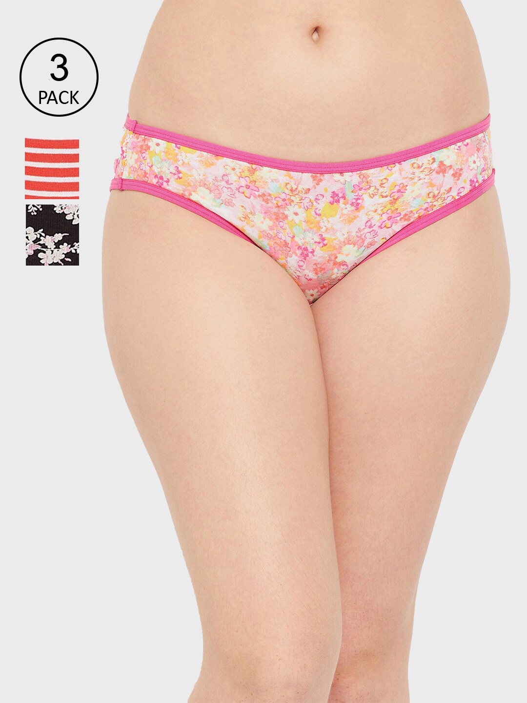 

Clovia Women Pack Of 3 Black& Pink Printed Cotton Bikini Briefs