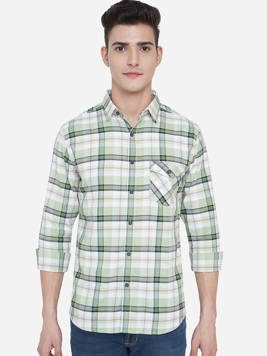 

Greenfibre Men Green Slim Fit Tartan Checked 100% Cotton Casual Shirt