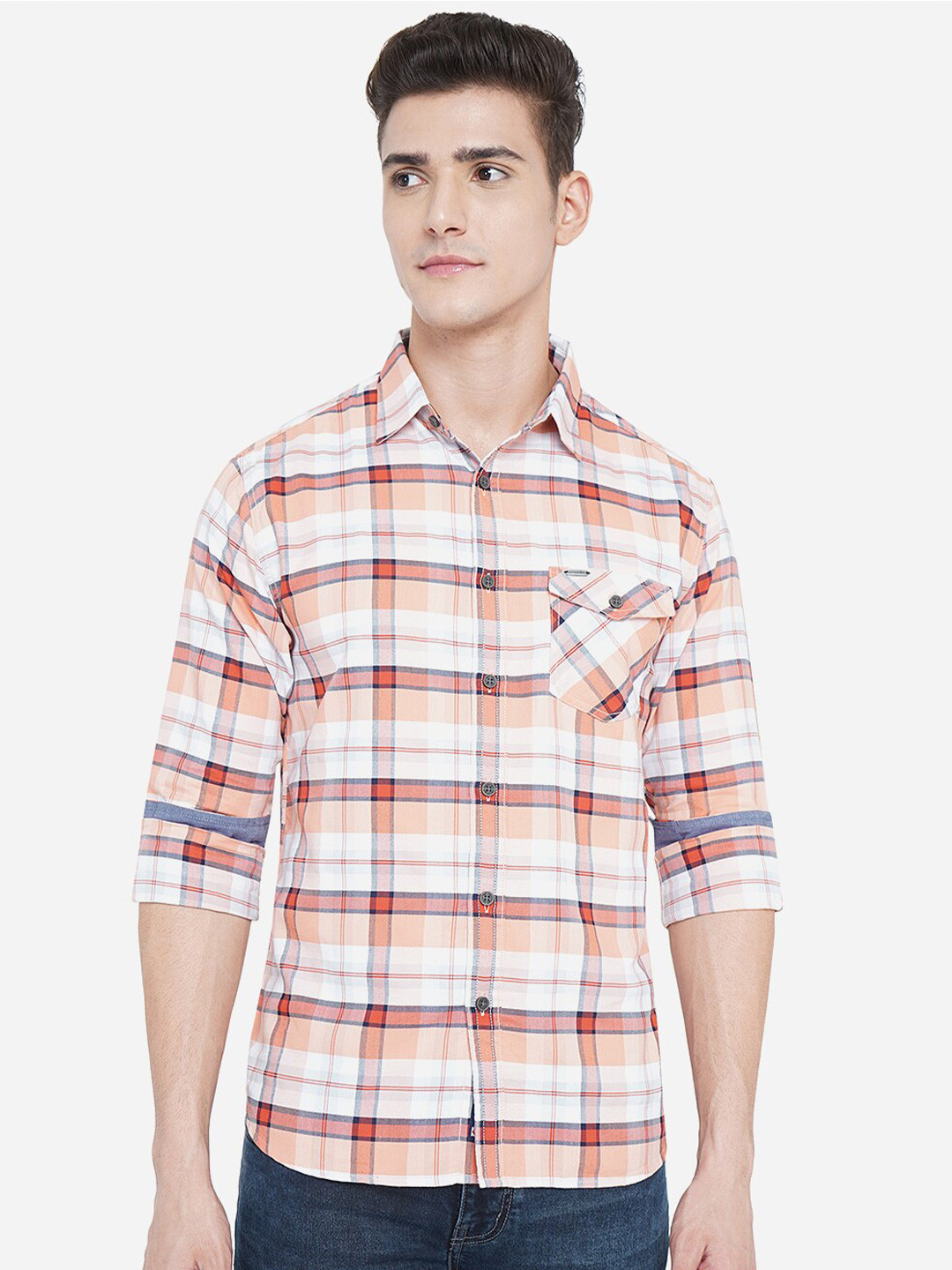 

Greenfibre Men Peach-Coloured Slim Fit Tartan Checked 100% Cotton Casual Shirt