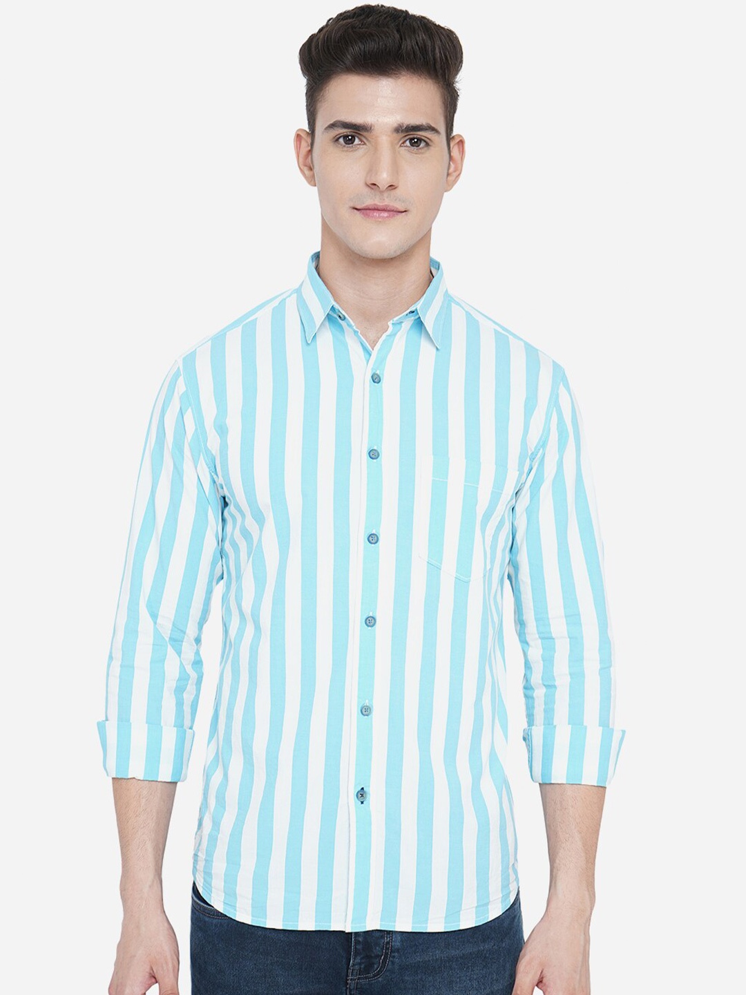 

Greenfibre Men Blue 100% Cotton Slim Fit Striped Casual Shirt