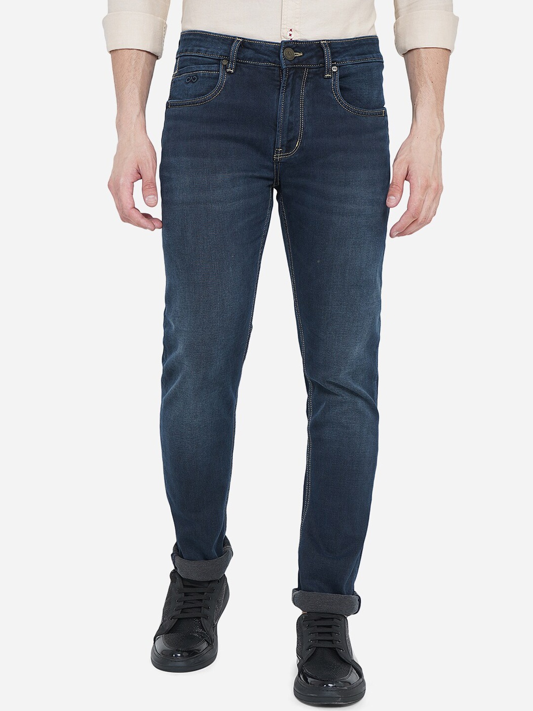 

JADE BLUE Men Blue Dark Indigo Cotton Stretch Slim Fit Solid Washed Jeans