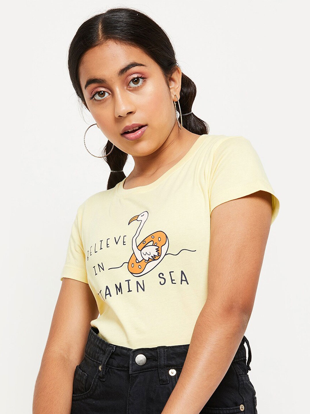 

max Girls Yellow Typography Printed T-shirt