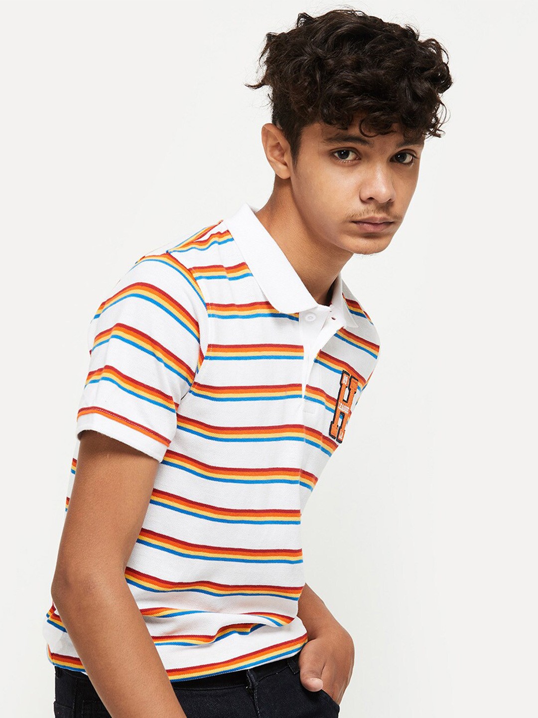 

max Boys White Striped Polo Collar Applique T-shirt