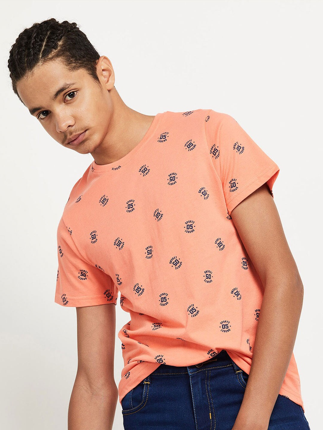 

max Boys Orange & Navy Blue Typography Printed T-shirt