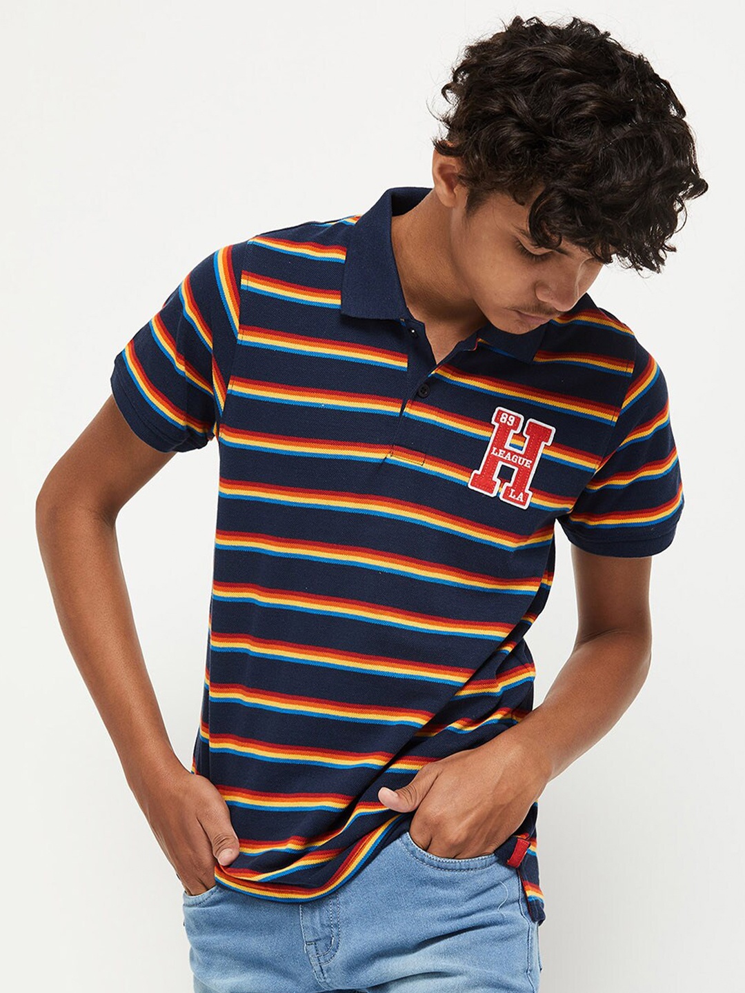 

max Boys Blue Striped Polo Collar Applique T-shirt