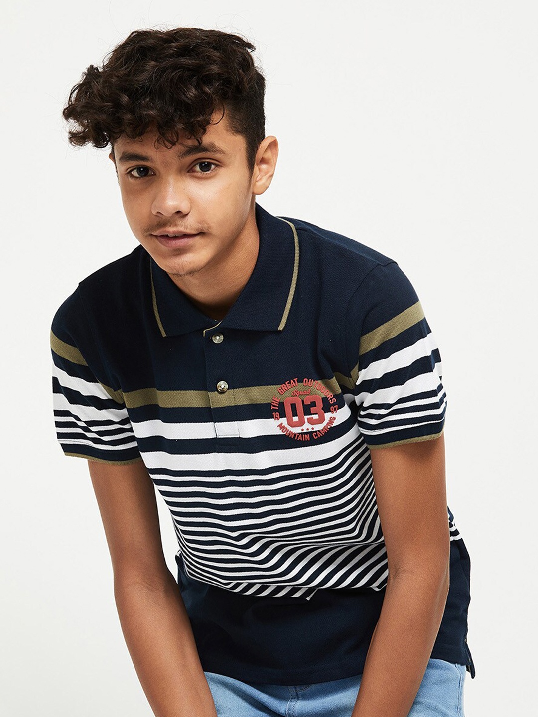 

max Boys Blue Striped Polo Collar Applique T-shirt