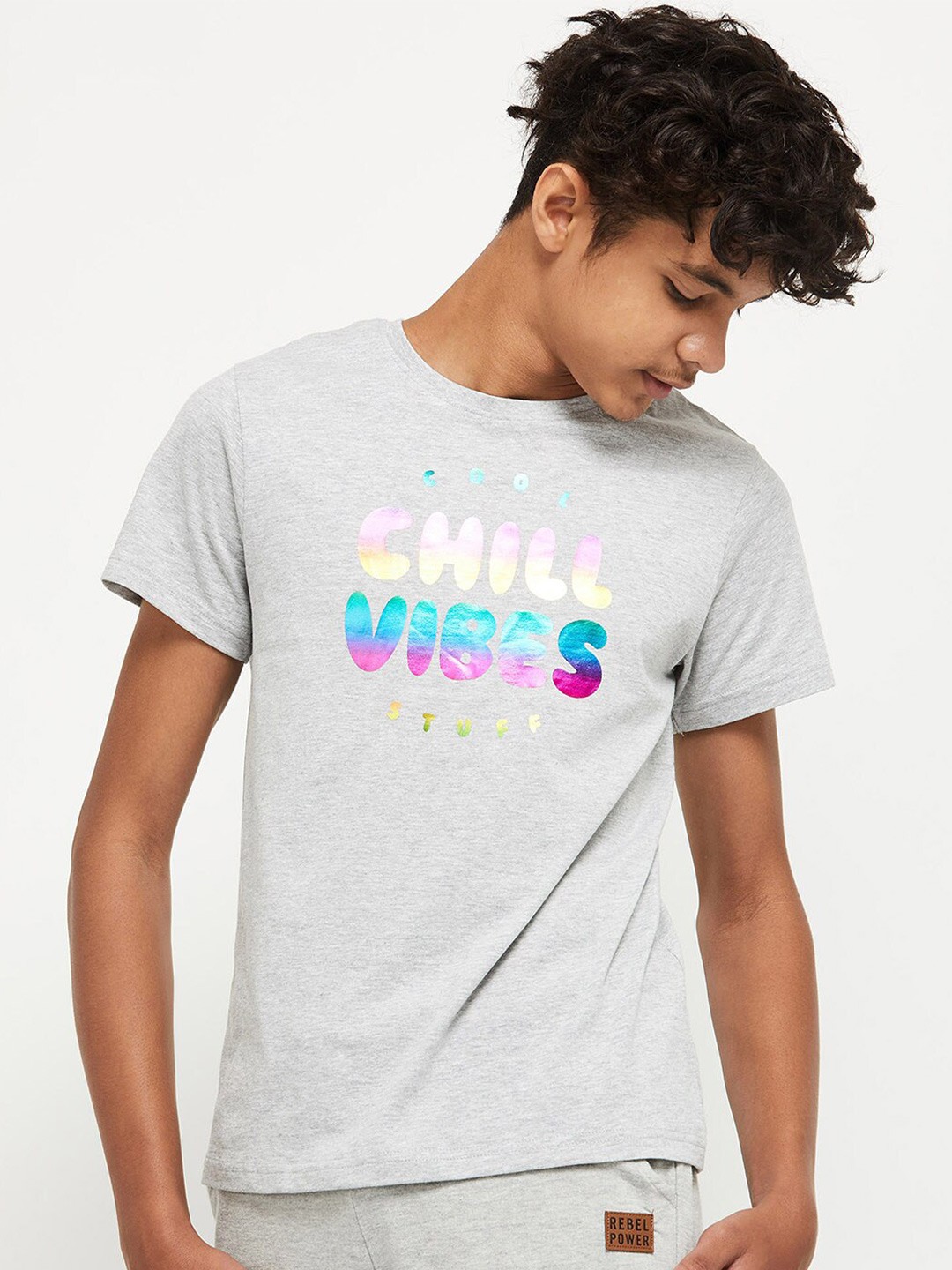 

max Boys Grey Typography Printed Cotton T-shirt