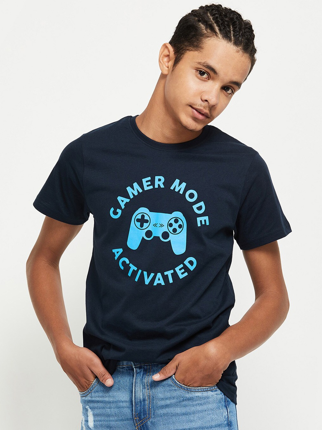

max Boys Blue Typography Printed Applique T-shirt