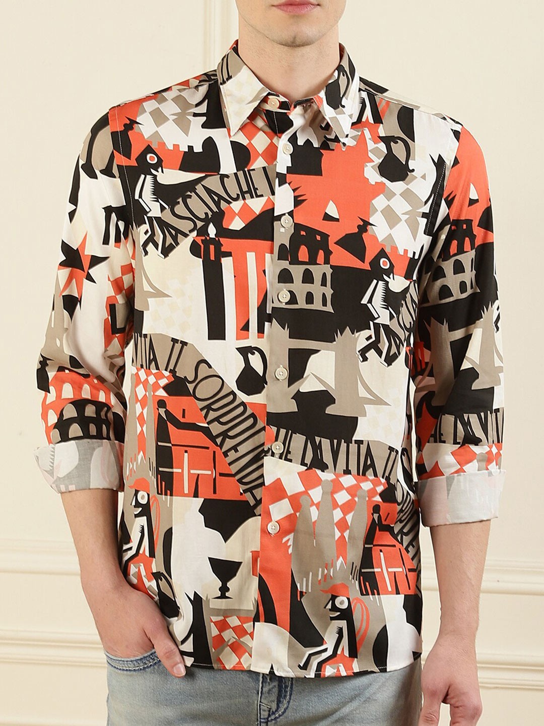 

PS By Paul Smith Men Off White & Red Abstract Printed Casual Shirt