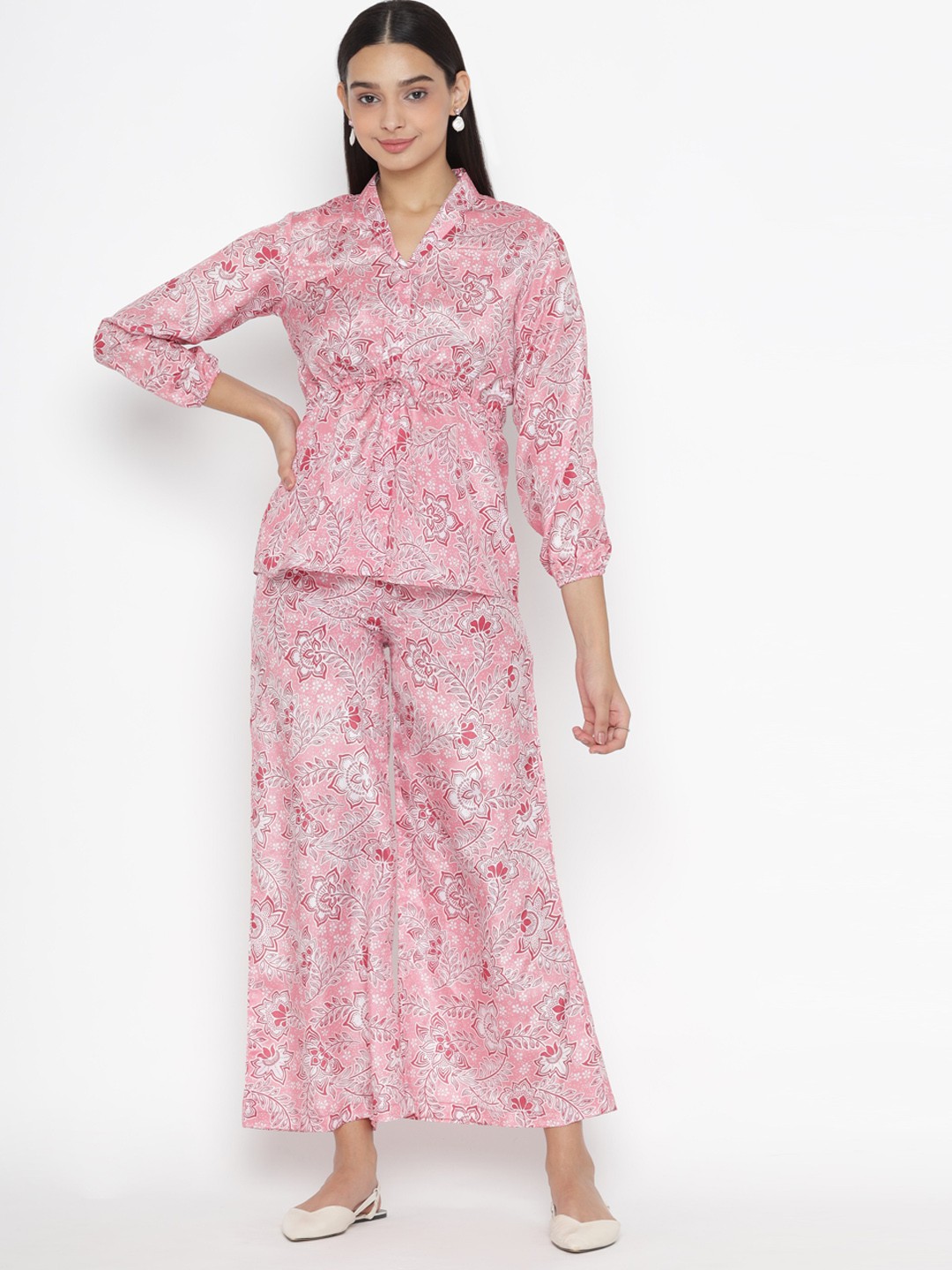 

SEW YOU SOON Women Pink & White Printed Peplum Top & Palzzo Co-Ords